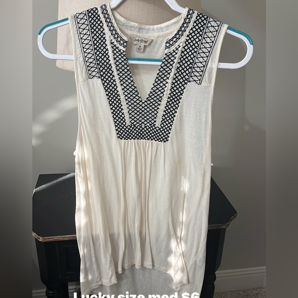 Lucky Brand Ivory and Black Embroidered Blouse